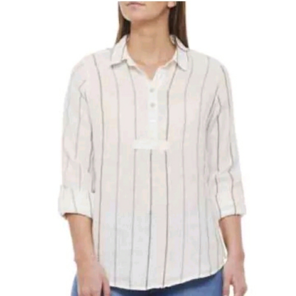 Artisan NY 100% linen size M button down Relaxed Fit striped long sleeve/roll…